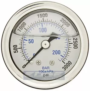 LIQUID FILLED PRESSURE GAUGE 0-3000 PSI, 1.5" FACE, 1/8" NPT BACK MOUNT - Picture 1 of 2