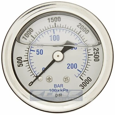 LIQUID FILLED PRESSURE GAUGE 0-3000 PSI, 1.5" FACE, 1/8" NPT BACK MOUNT - Image 1 of 2