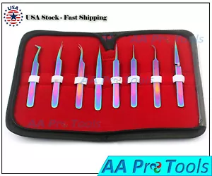 OR Set of 8 Piece Stainless Steel Multi Rainbow Color Eyelash Extension Tweezers - Picture 1 of 2