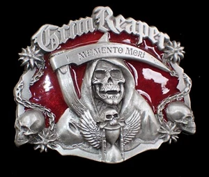 GRIM REAPER BELT BUCKLE WITH SCYTHE & SKULLS MEMENTO MORE PEWTER NEW - Picture 1 of 2