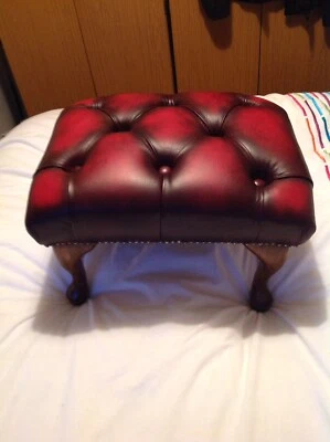 Red Oxblood Antique Leather Chesterfield Footstool Queen Anne Legs Pouffe - Image 1 of 4