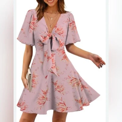 NOVO Vestido Rosa Floral Laço Mini Manga Curta Decote V Casamento Blush Laranja Pequeno - Imagem 1 de 4