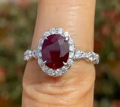 2 Ct Oval Cut Lab-Created Pink Ruby Halo Engagement Ring 14K White Gold Plated - Image 1 of 4