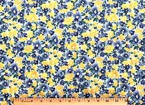 Bonita tela de algodón floral ~ azules y amarillos sobre blanco ~ NUEVA ~ por yarda X 42" W - Imagen 1 de 2