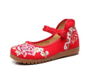Women's Embroidered Flat Shoes Chinese Folk Ethnic Style Comfort Ankle Strap Sz