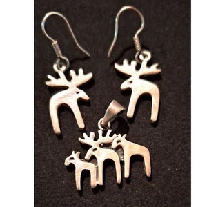 Sterling Moose Deer Family Earrings and Pendant Marked - Picture 1 of 5