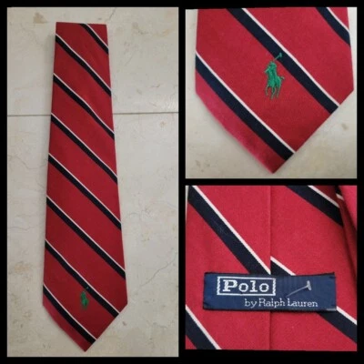 Polo Corbata Vintage de Ralph Lauren Rojo, Azul Marino y Blanco Rayas Verde Poni 54" Foto 1 de 4