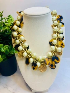 J.Crew Statement Necklace With Faux Pearls & Tortoise Shell Discs -144 - Picture 1 of 3