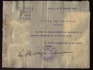 1919 FRANCE, GENERAL CHARLES MANGIN signed order to Major General John Ponsonby - Picture 1 of 1