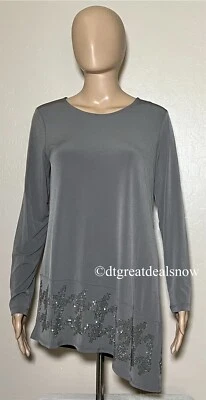 Túnica de punto líquido Susan Graver artesanal talla XXS dobladillo asimétrico adornado gris Foto 1 de 4