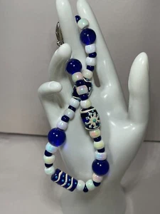 Dog Necklace Handmade Winter Snowflake Beads in Frosted Blue & White Elegance - Picture 1 of 3