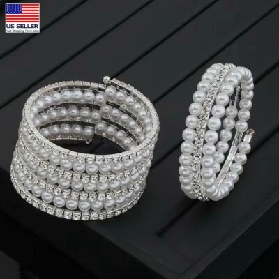 Women Multilayer Wrist Bracelet Shining Bling Pearl Crystal Party Wedding 0411 - Image 1 of 4