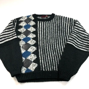 Bachrach Med MINT VTG 90s Hand Knit Acrylic Wool Pullover Sweater Black Blue - Picture 1 of 14