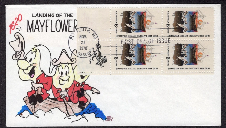 1970 LANDING OF MAYFLOWER (1420) Mr. Zip Blk/4 Ellis Animated H/P FDC QP284 - Image 1 of 1