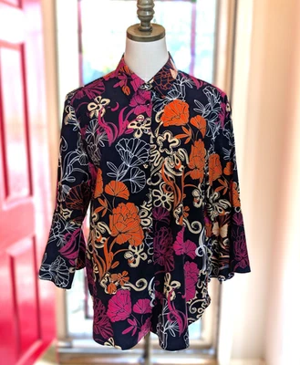 Camisa Chicos Azul Marino Floral Abotonada Talla 14 2.5 3/4 Cuello Manga Campana Foto 1 de 4