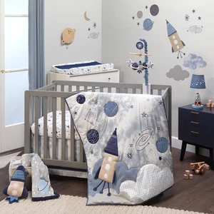 Lambs & Ivy Sky Rocket 5-Piece Blue Galaxy/Space Nursery Baby Crib Bedding Set - Picture 1 of 8