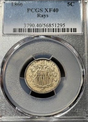 1866 Rays Shield Nickel PCGS XF40 New Slab Easily Best Price Ebay* CHRC - Image 1 of 2