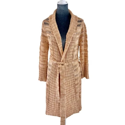 bebe Tan Open Knit Long Belted Cardigan Sweater Coat Boho Chic Women’s S/M - Image 1 of 4