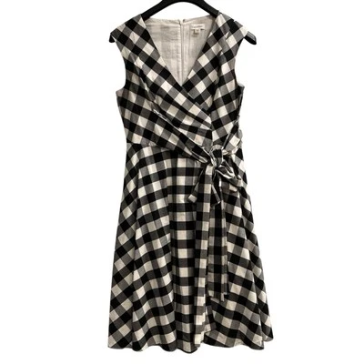 Calvin Klein Dress Womens 8 Black Check A Line Faux Wrap Midi Western Country - Image 1 of 4