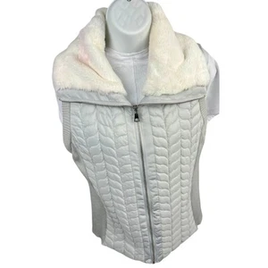 Ruby Rd Women’s Puffer Vest Size M Grey Ribbed Side Panels White Faux Fur Trim - Picture 1 of 8