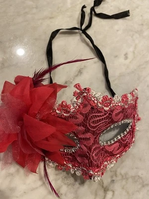 Hot Pink Masquerade Venetian Mask with Feathers and Flowers Tie on Mardi Gras - Image 1 of 3