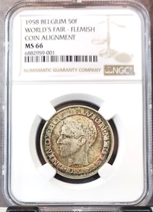 1958 BELGIUM SILVER 50 FRANCS WORLDS FAIR FLEMISH TEXT NGC MS 66 RARE COLOR - Picture 1 of 3