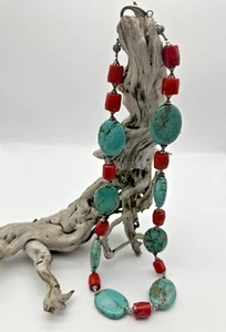 *Bohemian Heavy Turquoise Large Stones & Natural Red Coral Nugget 28” Necklace* - Picture 1 of 24