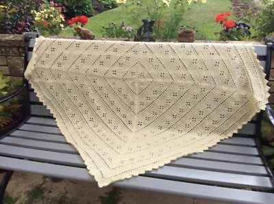 Hand crocheted Shetland anti tickle washable wool baby blanket shawl cream  - Image 1 of 3