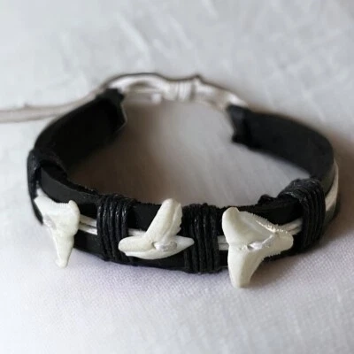 Handmade Genuine Mako Shark Teeth Leather Surfer Beach Bracelet 6"-9" adjustable - Image 1 of 4