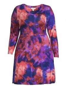 Terra & Sky Women's Plus Size 3X Red/Blue Tye Die Long Sleeve Swing Dress New - Picture 1 of 9