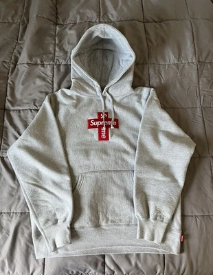Supreme Box Logo Cross Hoodie Heather Grey Size Large - Image 1 of 4