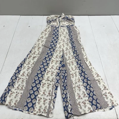 White Blue Brown Floral Paisley Sleeveless Wide Leg Jumpsuit Women's Size Medium - Image 1 of 4