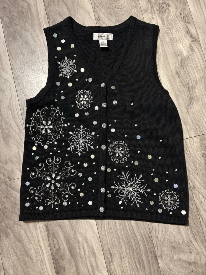 Kikit женщин Рождественский свитер жилет молнии M черный W/снега хлопья хорошее состояние товара - Изображение 1 из 3