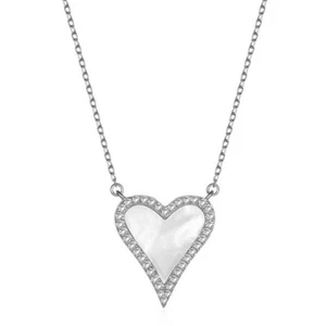 .36Ct Moissanite Heart Pendant Necklace 18'' 14K White Gold Mother of Pearl Gift - Picture 1 of 9