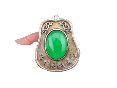 China, jade, plata pura, incrustación de jadeíta, raro Buda y manos, colgante L (337) Foto 1 de 4