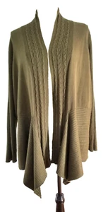 NWT LINDA MATTHEWS PLUS 1X OLIVE KNIT CARDIGAN CASCADE FRONT LIGHT CLASSIC - Picture 1 of 12