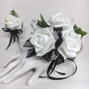 Glamour  Triple White Foam Roses on Black Prom Corsage & Boutonniere Combo - Picture 1 of 1