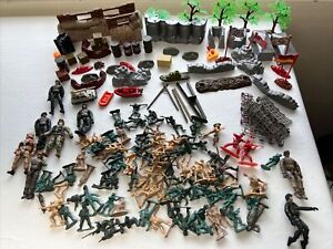 Plastic Army Men Military Figures Lot with Accessories Trees Barrels Etc… AS IS