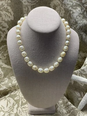 Classic Length Faux Baroque Pearl Necklace 18” Round Clasp Knotted Creamy Ivory - Image 1 of 4