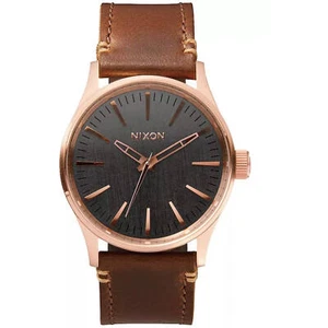 Nixon Men's Watch Sentry Rose Gold Case Grey Dial Brown Leather Strap A377-2001 - Picture 1 of 3