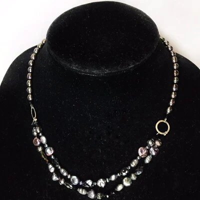 Black Peacock Pearl Necklace Tahitian Baroque Faceted Glass Double Strand 16" - Image 1 of 4