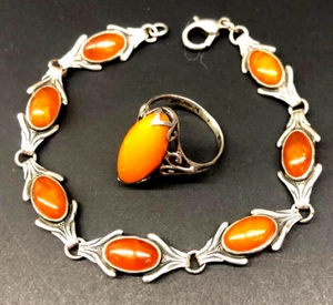 925 silver bracelet and ring with amber - Picture 1 of 24
