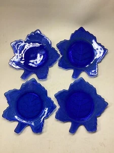 Set Of 4 Vintage L.E. Smith Cobalt Blue Maple Leaf Shaped Glass Plates - Picture 1 of 7