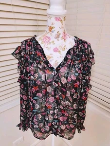 Sportsgirl Delicate Floral Ruffle L/S Semi Sheer Blouse Black NWT $89 Size 12 14 - Picture 1 of 9