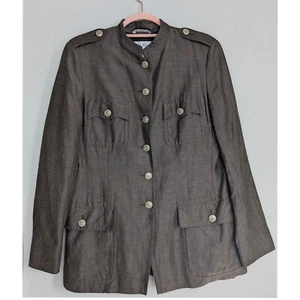 MaxMara Military Jacket Logo Crest Buttons Linen Blend Brown Size 12 - Picture 1 of 8
