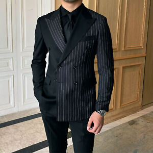 Men's Stripe Suit British Style Double Breasted Retro Blazer Casual Coat Banquet