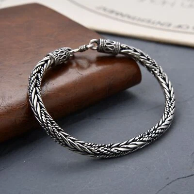 真品 925 纯银手链泰国银色 5 毫米宽编织小麦链 7.5 英寸 — 第 1/4 张图片