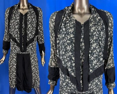 Винтажное черно-белое шелковое платье 1920-х в стиле ар-деко с цветочным принтом на поясе с заниженной талией - Изображение 1 из 2