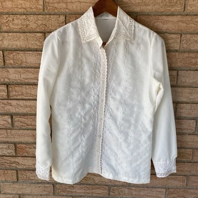 70s 80s Prairie Long Sleeve Blouse M Lace Victorian Edwardian Pioneer Floral - Image 1 of 4