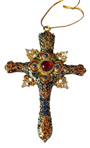 Adorno Cruz Joya Tono Dorado Rojo Azul Verde Esmalte Estrás 4"x3" - Imagen 1 de 3